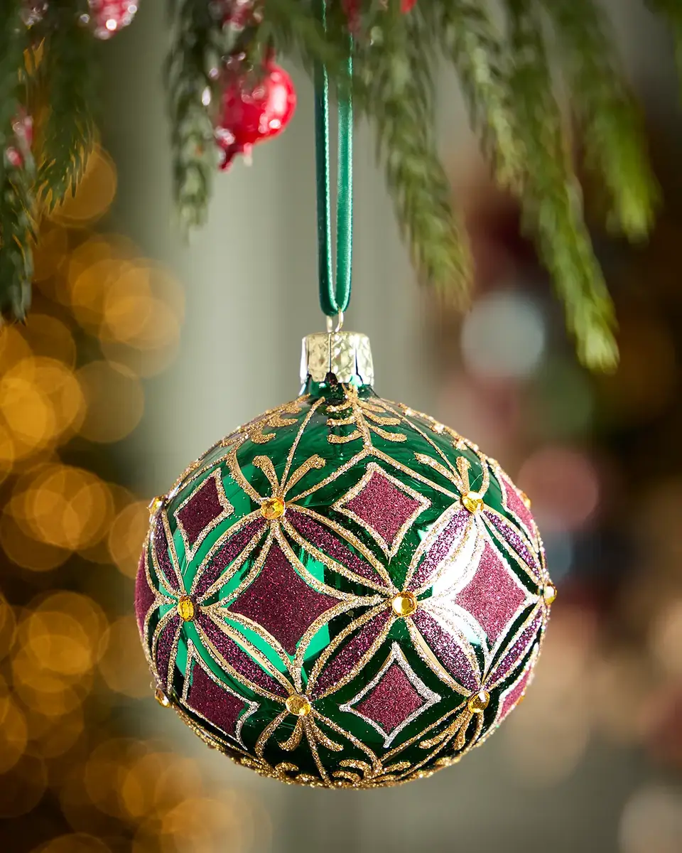 Exclusive Geometric Glitter on Shiny Dark Green Ball Christmas Ornament