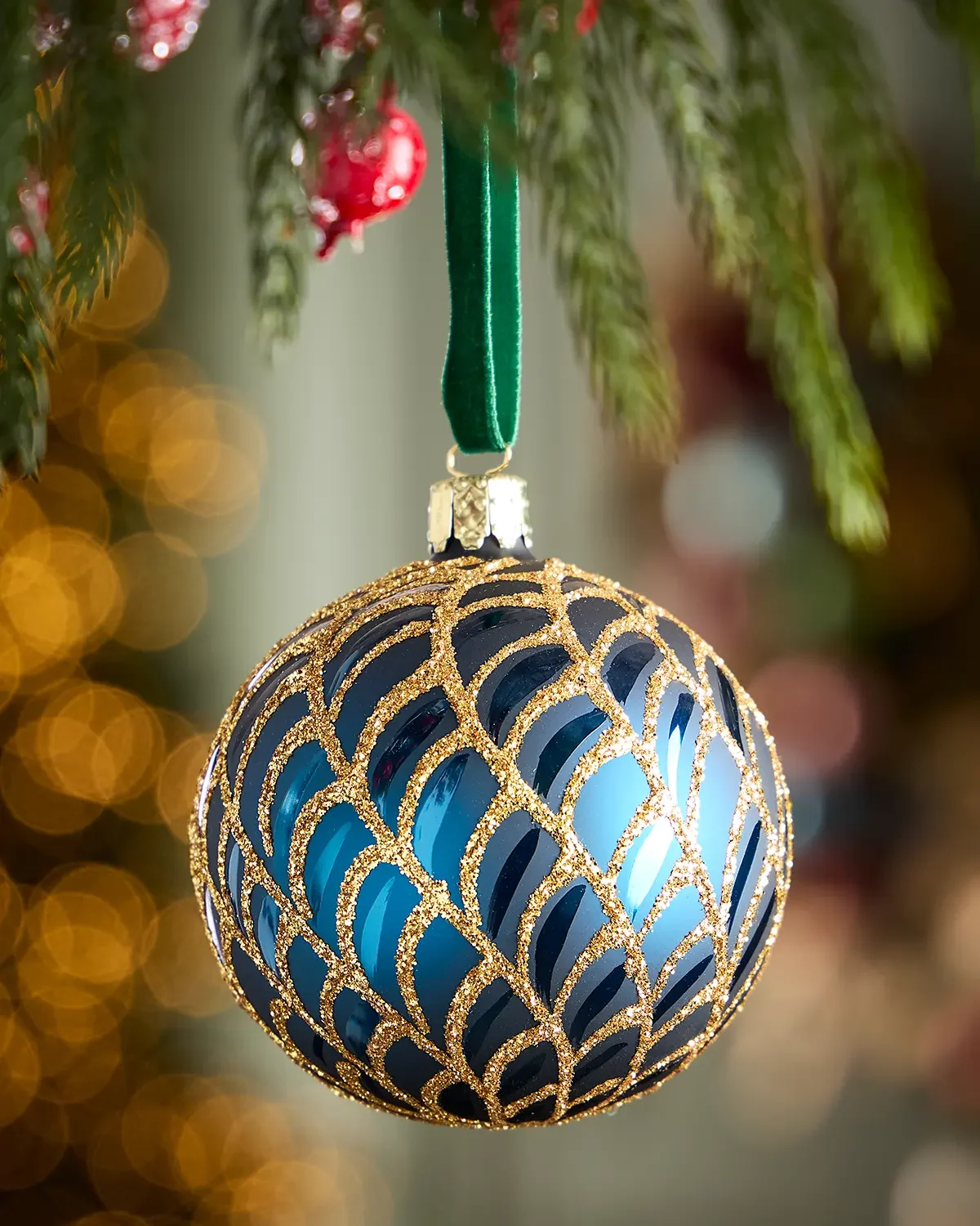 Exclusive Art Deco Matte Blue Ball Christmas Ornament