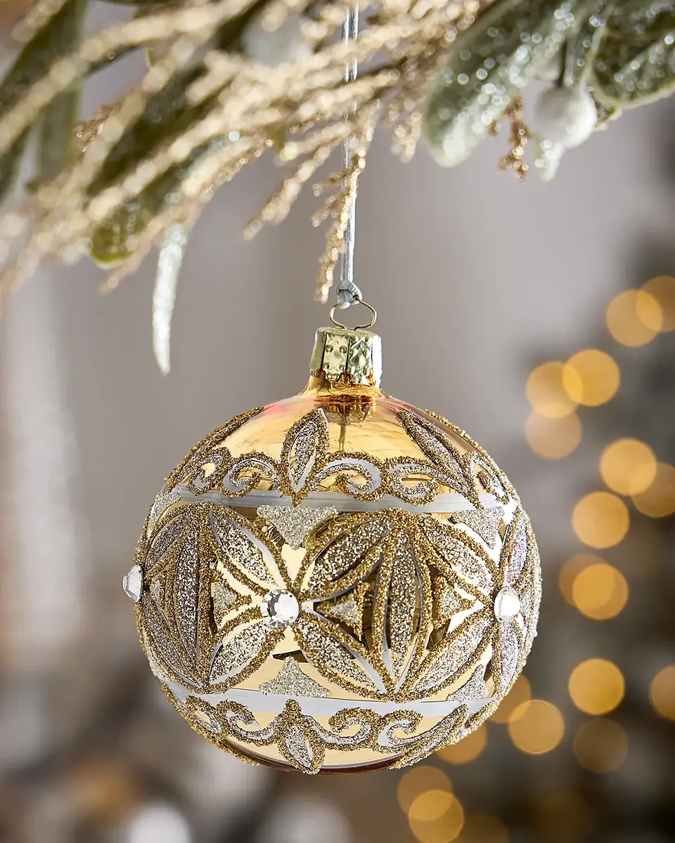 Glitter-Embellished Shiny Gold Ball Christmas Ornament Glitter-Embellished Shiny Gold Ball Christmas Ornament