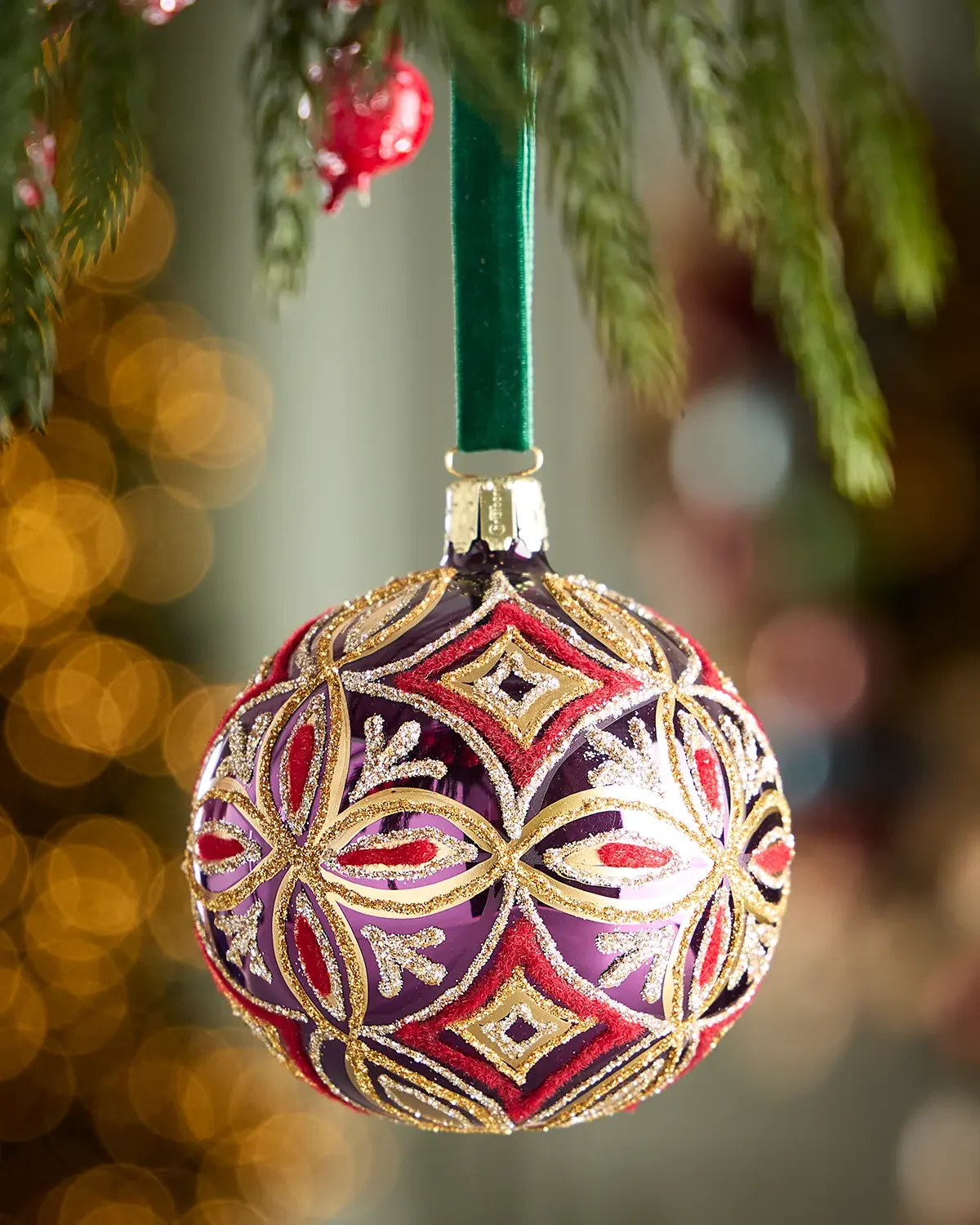 Exclusive Geometric Glitter on Shiny Orchid Ball Christmas Ornament