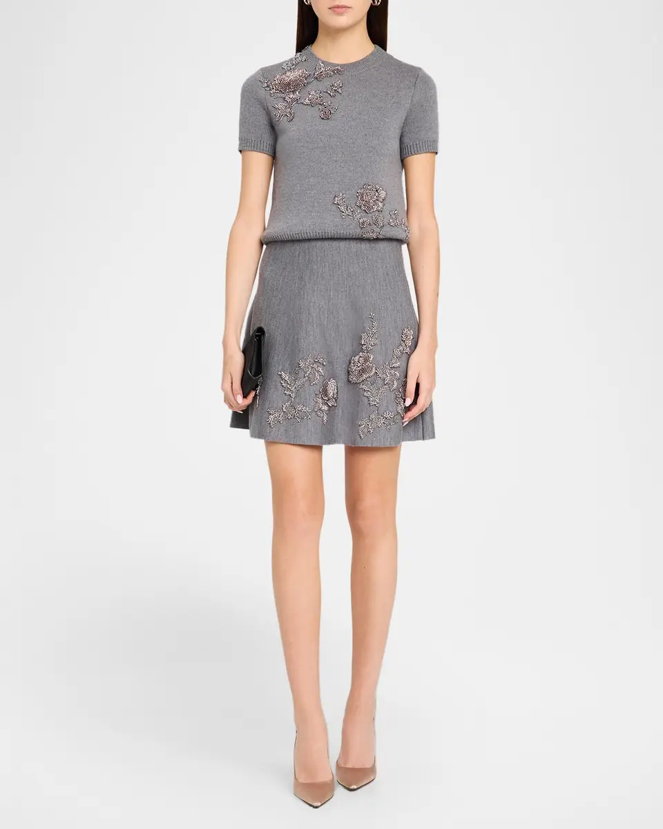 Oscar de la Renta Bead Embroidered Short-Sleeve Wool Sweater | Thumbnail 2 Oscar de la Renta Bead Embroidered Short-Sleeve Wool Sweater | Thumbnail 2