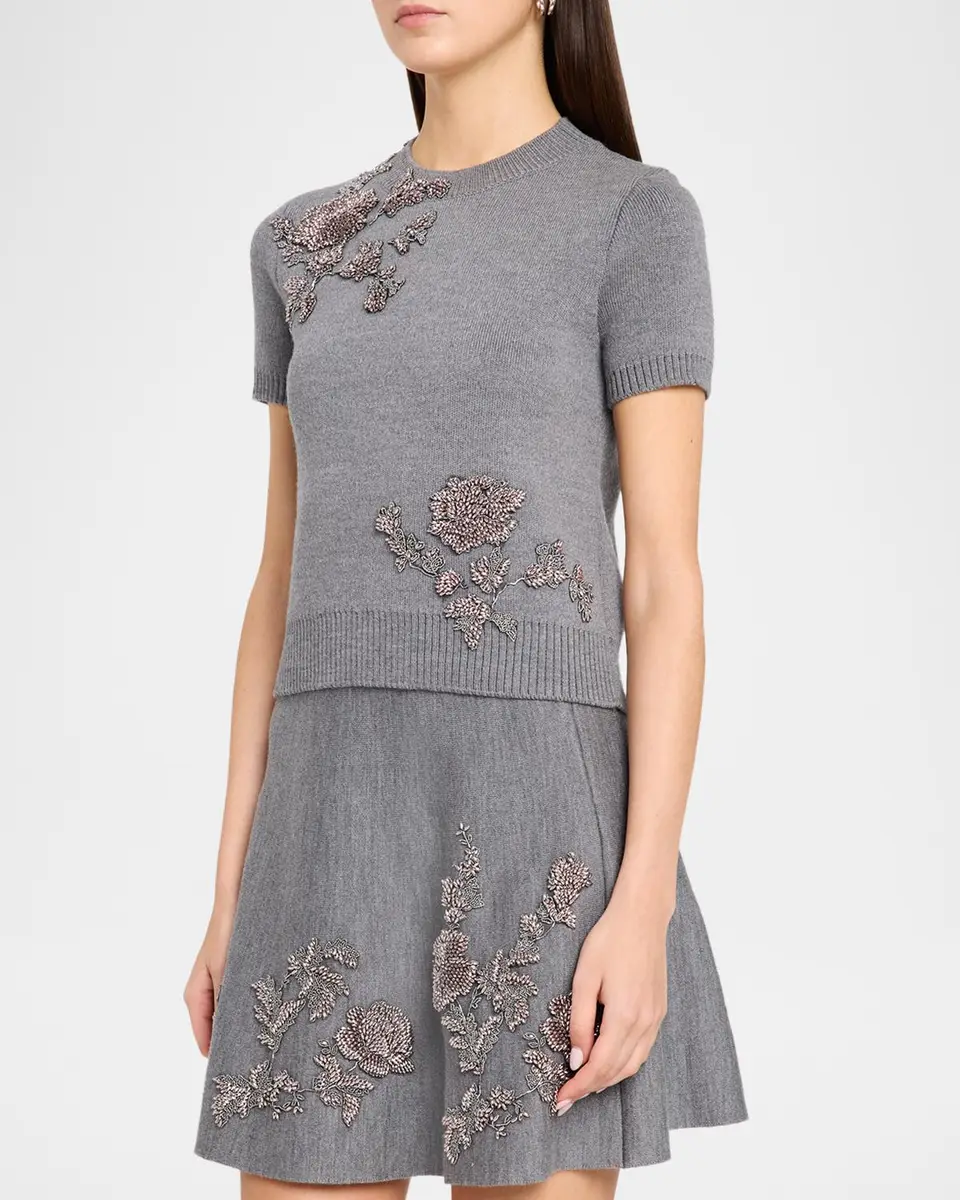 Oscar de la Renta Bead Embroidered Short-Sleeve Wool Sweater | Thumbnail 4 Oscar de la Renta Bead Embroidered Short-Sleeve Wool Sweater | Thumbnail 4