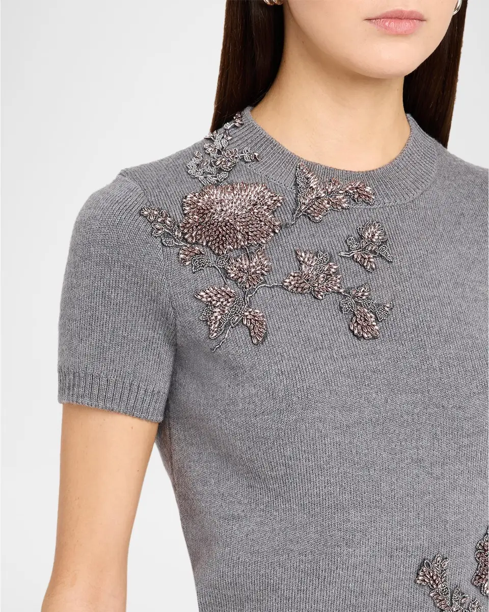 Oscar de la Renta Bead Embroidered Short-Sleeve Wool Sweater | Thumbnail 5 Oscar de la Renta Bead Embroidered Short-Sleeve Wool Sweater | Thumbnail 5