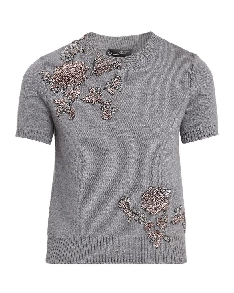 Oscar de la Renta Bead Embroidered Short-Sleeve Wool Sweater | Thumbnail 1 Oscar de la Renta Bead Embroidered Short-Sleeve Wool Sweater | Thumbnail 1