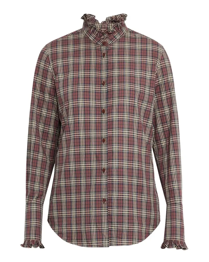 Elio Ruffle-Trim Cotton Plaid Shirt