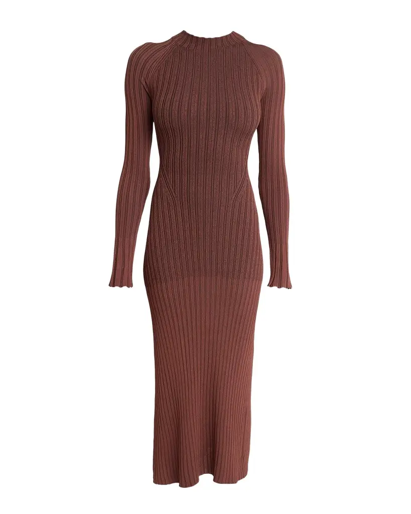 Roux Long-Sleeve Silk-Blend Rib Midi Dress