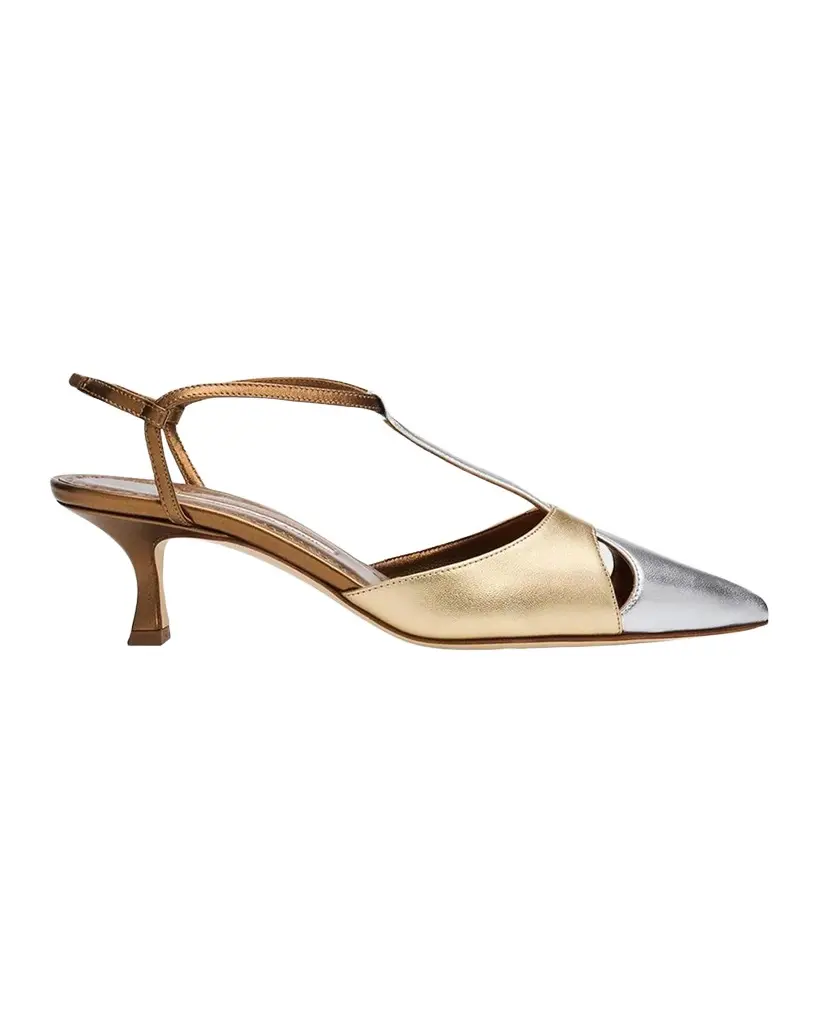 Manolo Blahnik 50mm Turgimod Metallic Leather T-Strap Pumps