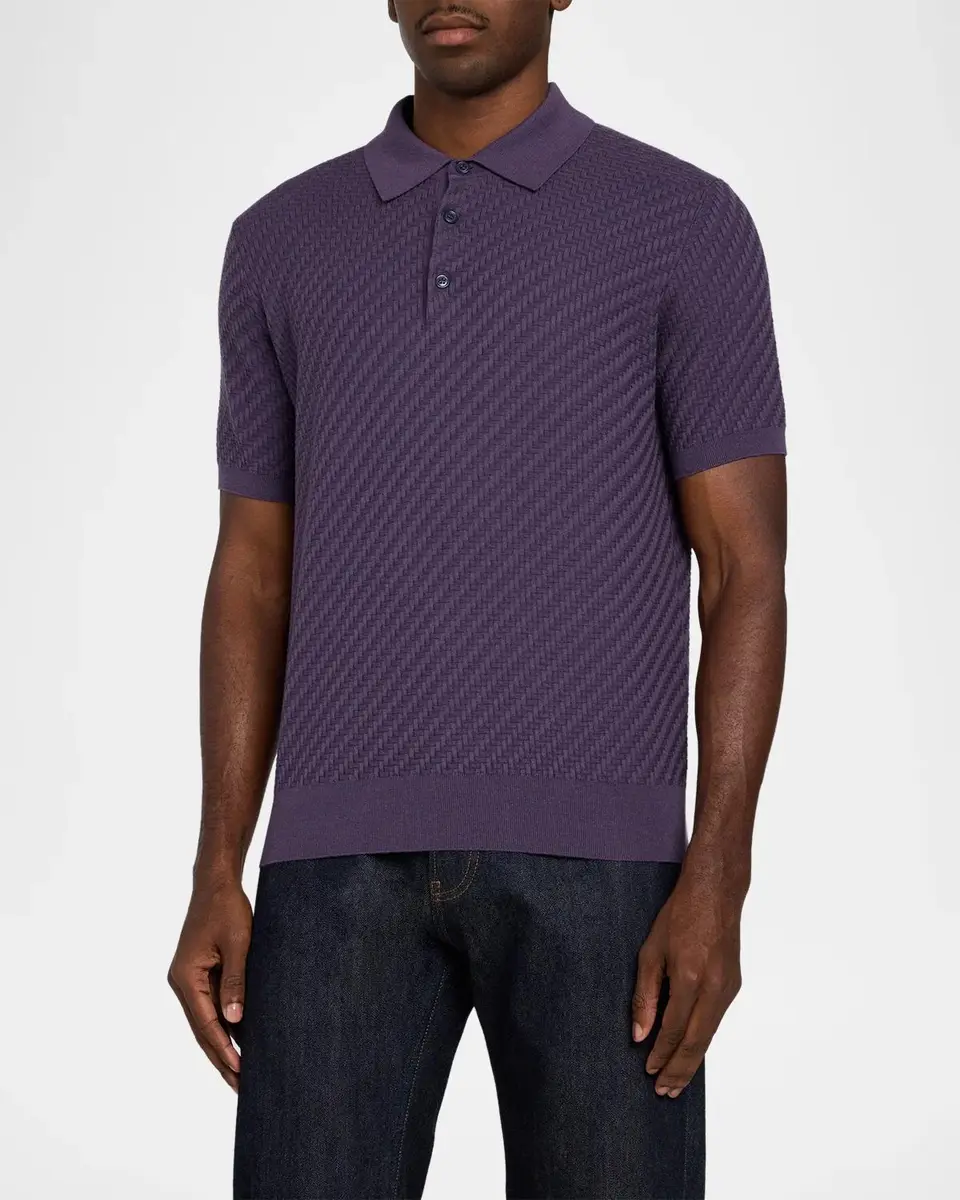 Brioni Men's Basketweave Stitch Polo Sweater | Thumbnail 4 Brioni Men's Basketweave Stitch Polo Sweater | Thumbnail 4