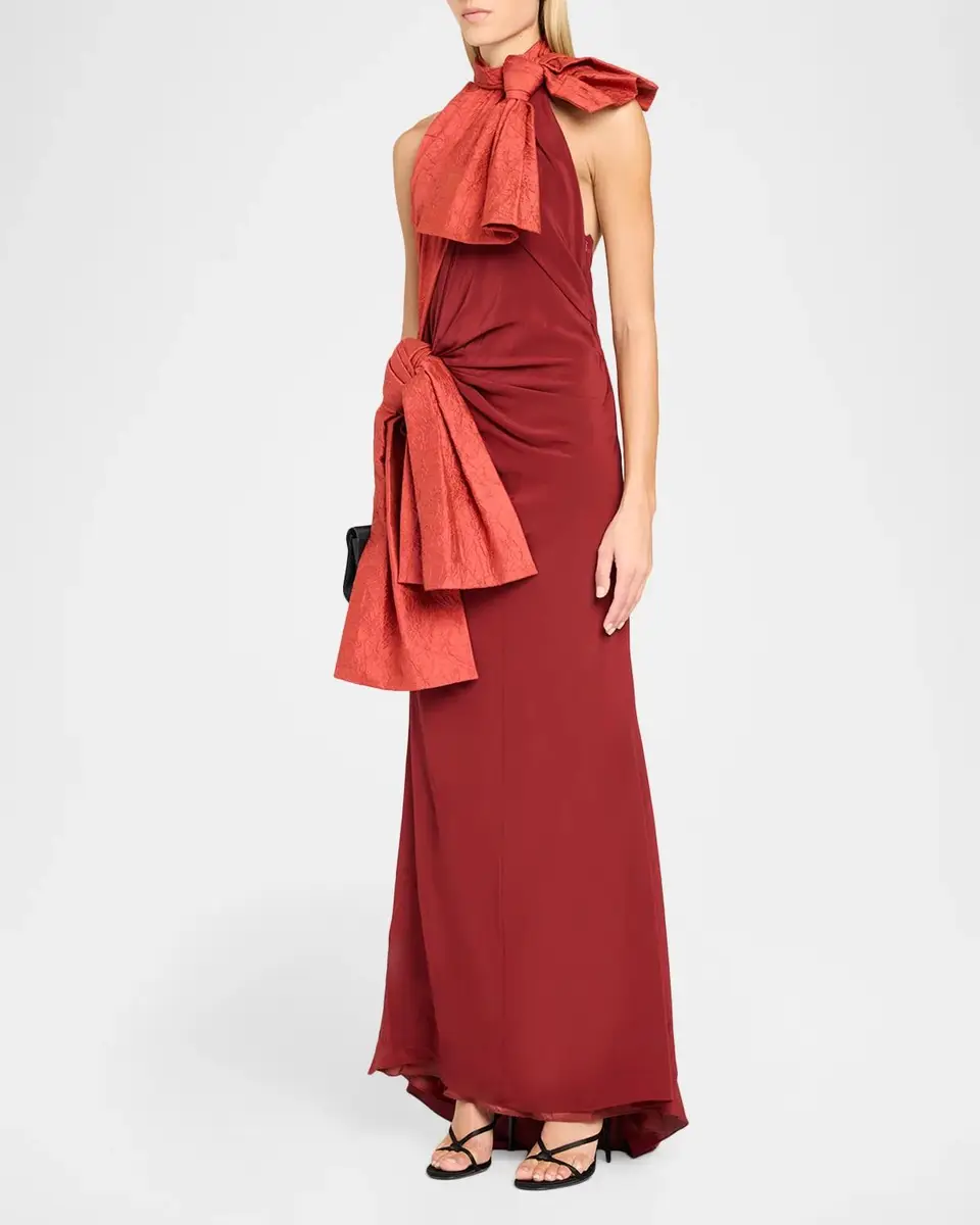 Christopher John Rogers Silk Crepe De Chine Double-Bow Taffeta Halter Gown | Thumbnail 4 Christopher John Rogers Silk Crepe De Chine Double-Bow Taffeta Halter Gown | Thumbnail 4