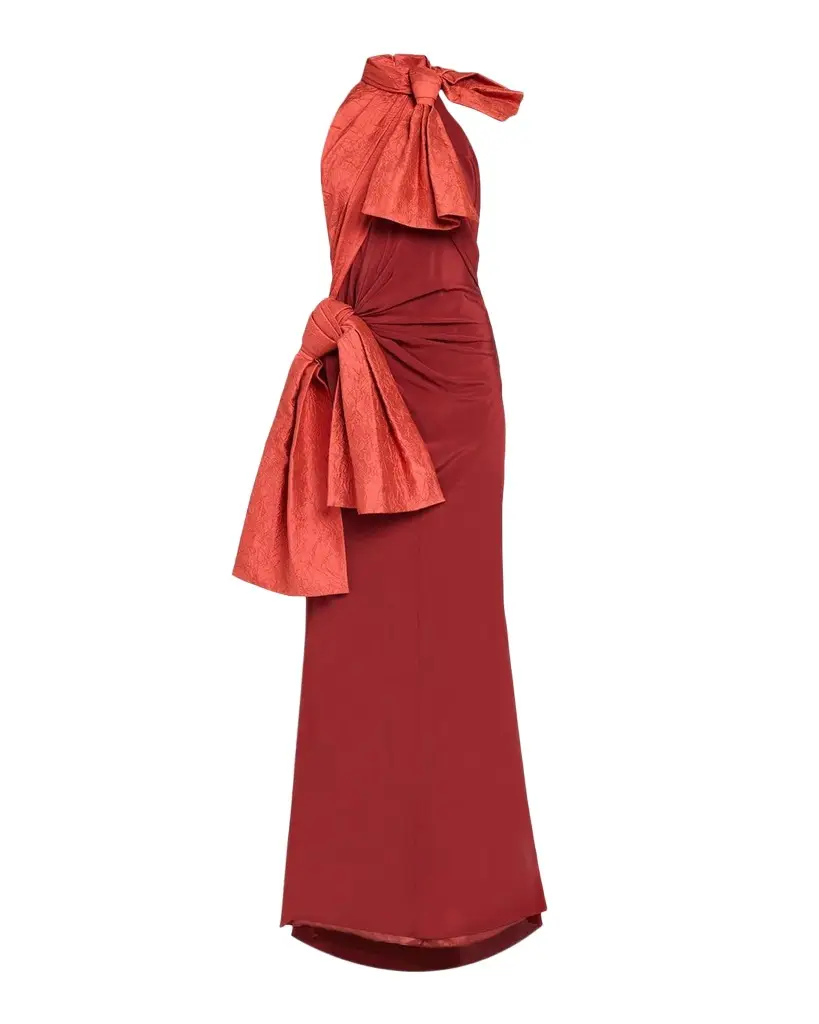 Christopher John Rogers Silk Crepe De Chine Double-Bow Taffeta Halter Gown