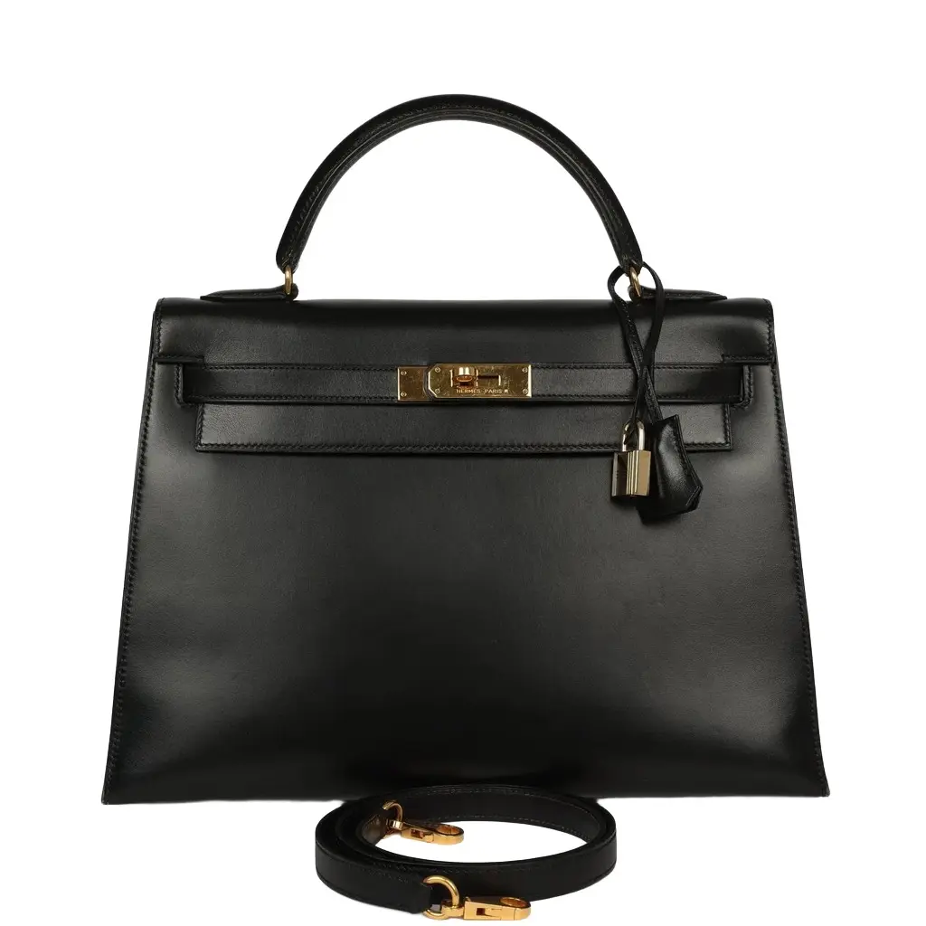 HERMÈS Vintage Hermes Kelly Sellier 32 Black Box Gold Hardware