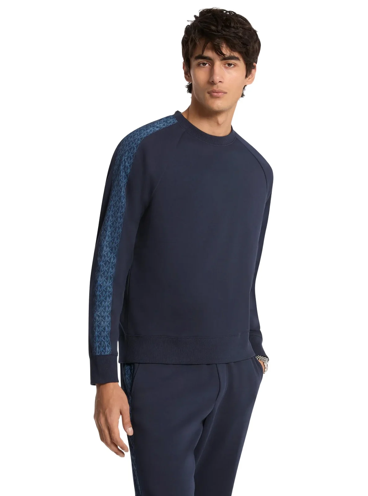 Michael Kors Collection Logo-Trim Cotton Blend Sweater in Blue