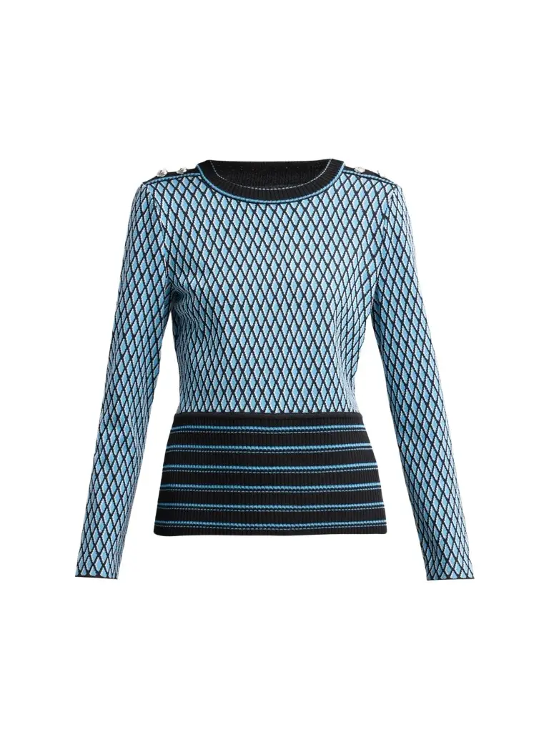Women's Petite Diamond-Pattern Rib-Knit-Trim Top Women's Petite Diamond-Pattern Rib-Knit-Trim Top
