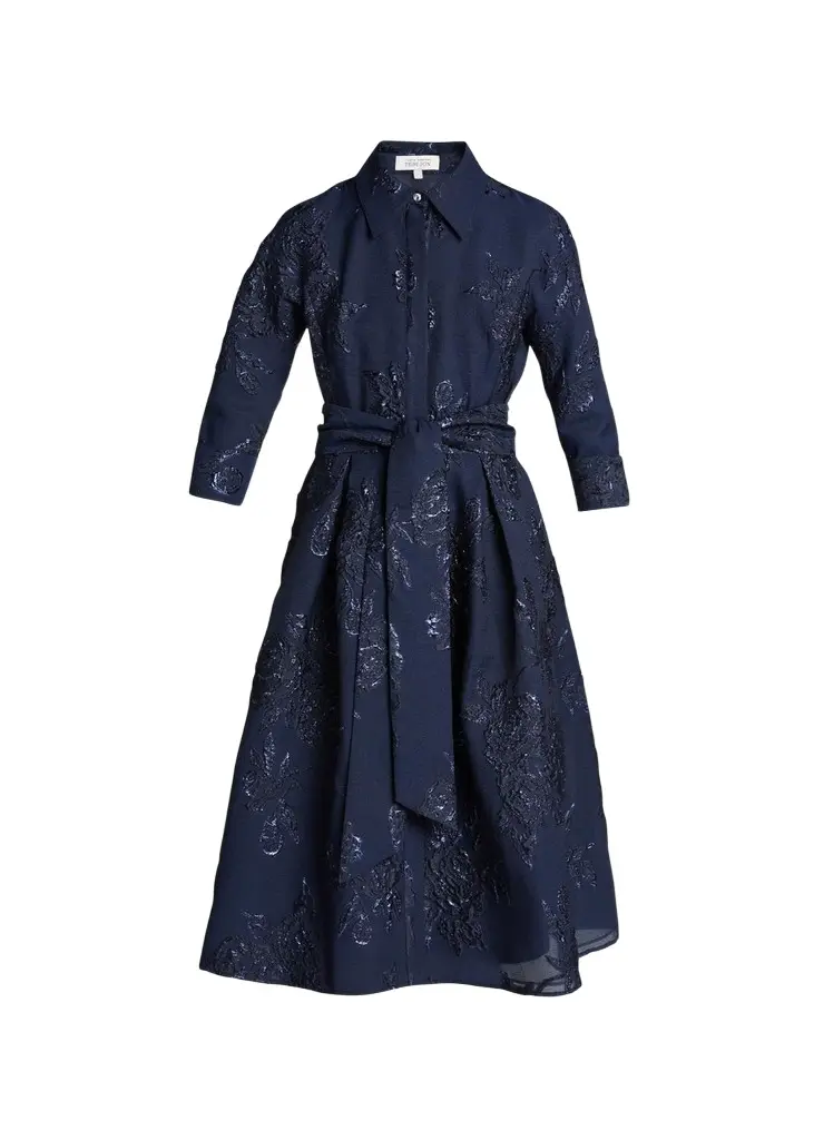 Rickie Freeman for Teri Jon Metallic Jacquard Belted Shirtdress