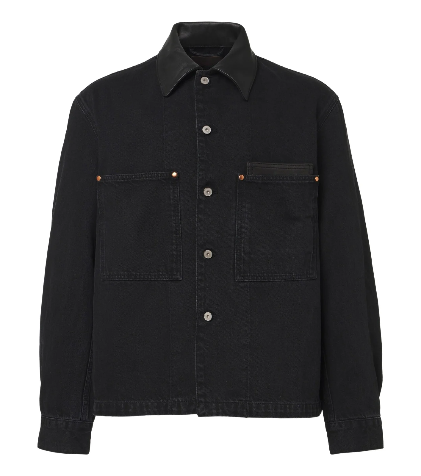 Leather-trimmed denim overshirt Leather-trimmed denim overshirt