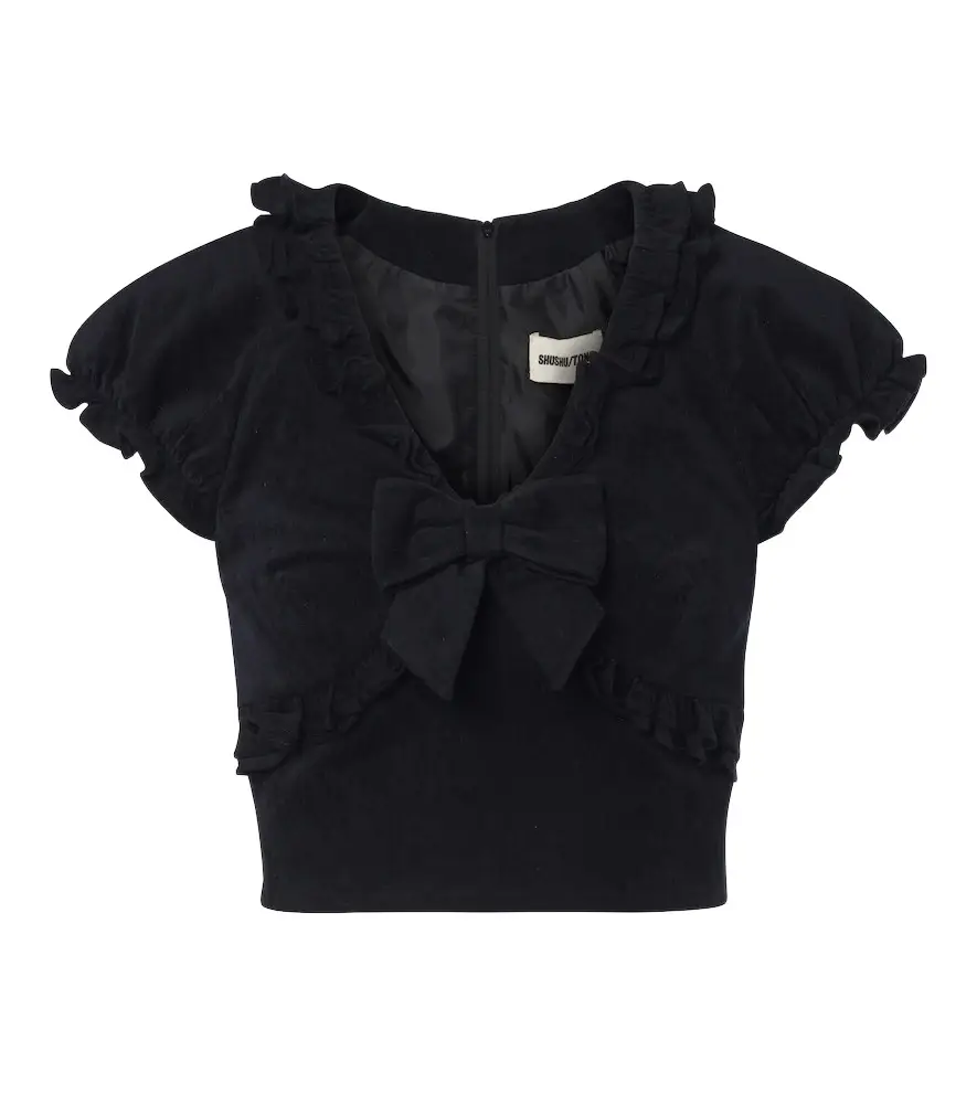 Embellished ruffled cotton-blend top