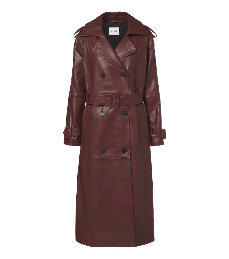 Noorah belted double-breasted leather coat
