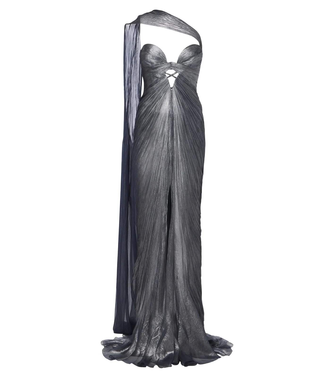 Morgan scarf-detail pleated silk bustier gown