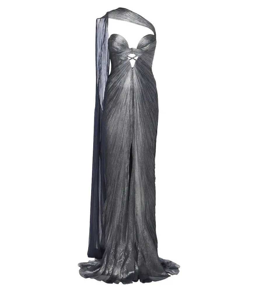 Morgan scarf-detail pleated silk bustier gown Morgan scarf-detail pleated silk bustier gown