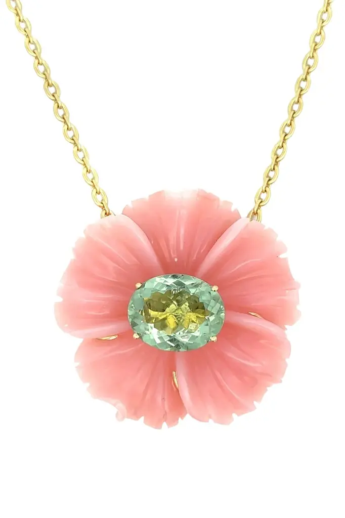 Pink Opal Green Tourmaline Tropical Flower Necklace Pink Opal Green Tourmaline Tropical Flower Necklace