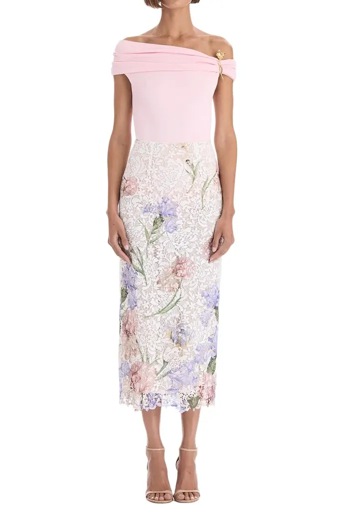 Oscar de la Renta Iris Printed Lace Pencil Skirt
