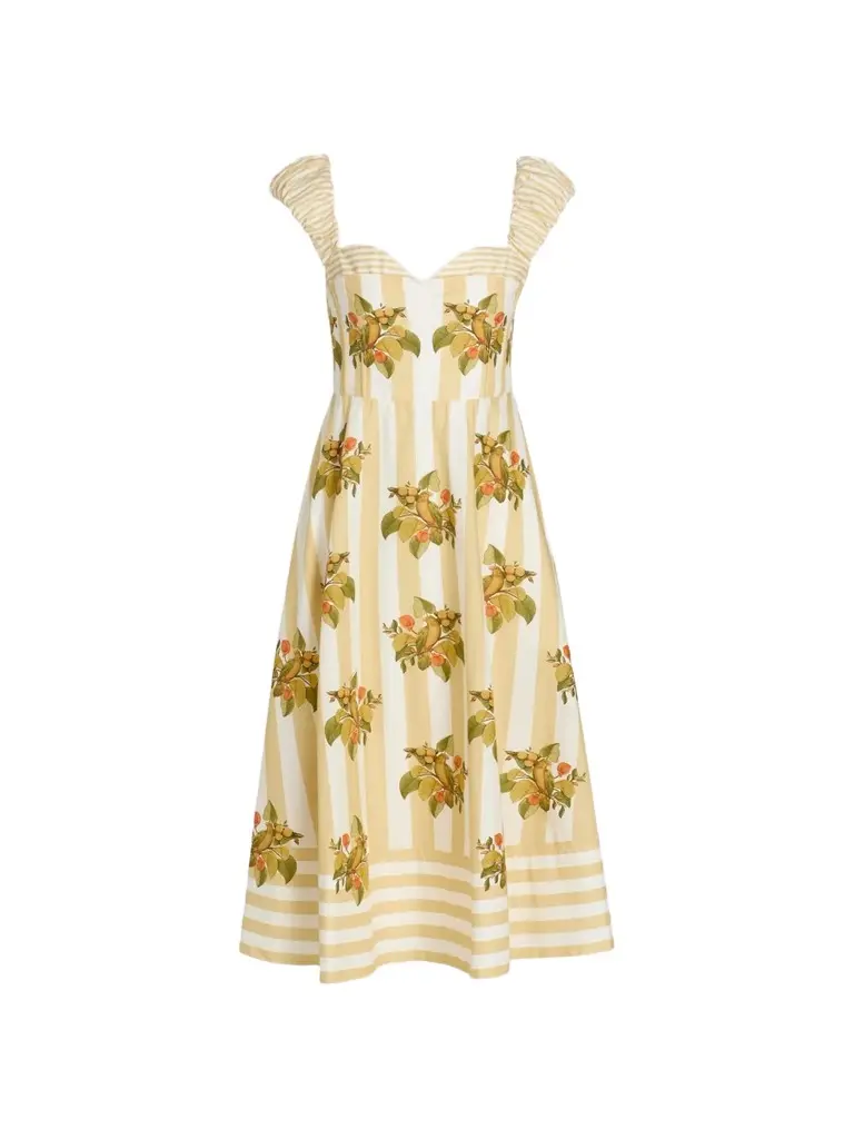 Women's Lemon Birds Sweetheart Neck Midi Dress