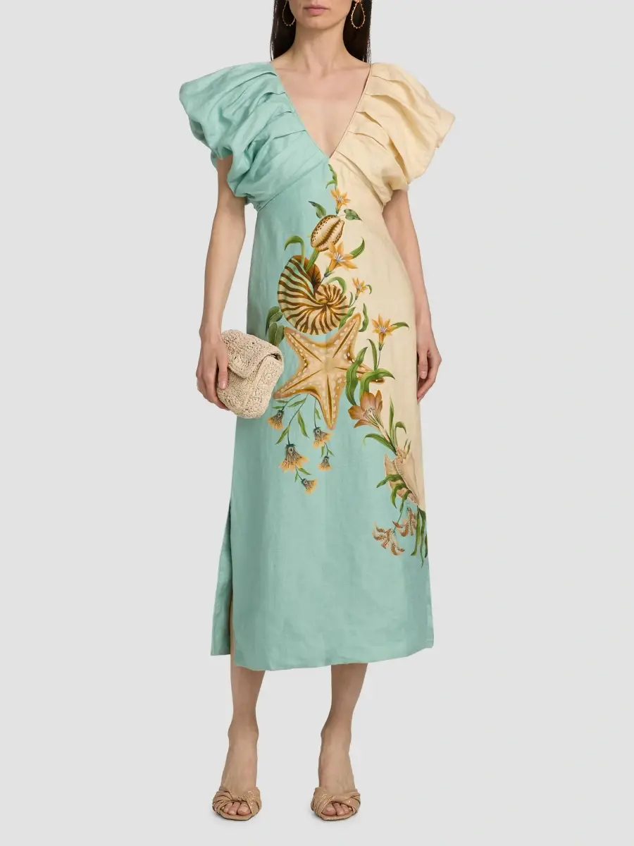 Farm Rio Women's Marine Garden Two-Tone Puff-Sleeve Midi Dress | Thumbnail 2 Farm Rio Women's Marine Garden Two-Tone Puff-Sleeve Midi Dress | Thumbnail 2