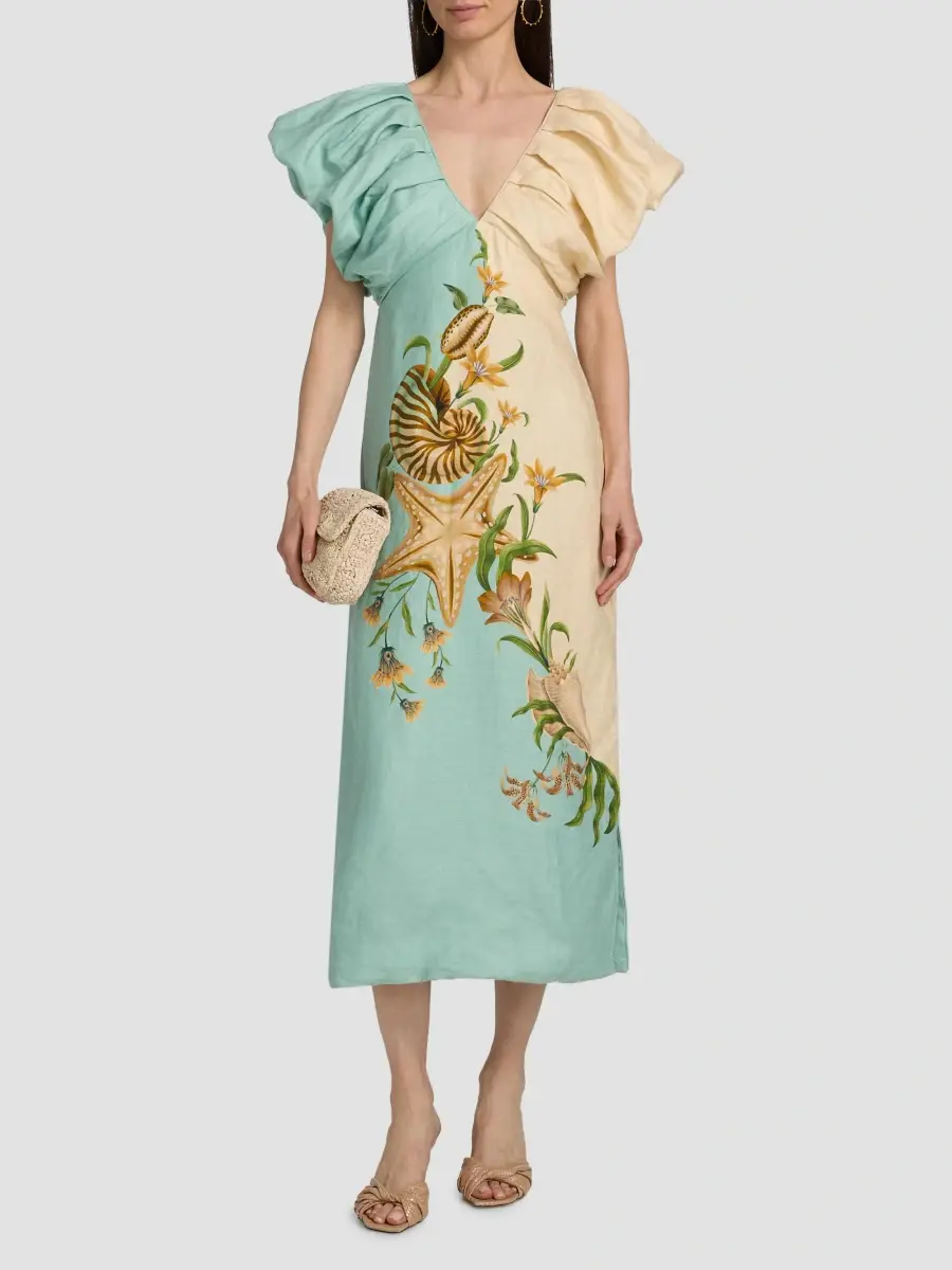 Farm Rio Women's Marine Garden Two-Tone Puff-Sleeve Midi Dress | Thumbnail 3 Farm Rio Women's Marine Garden Two-Tone Puff-Sleeve Midi Dress | Thumbnail 3