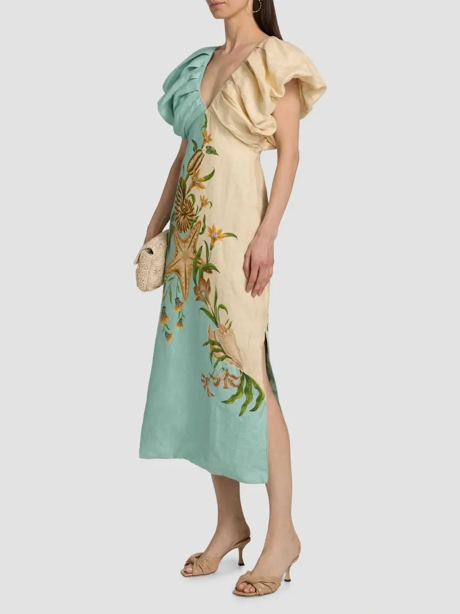 Farm Rio Women's Marine Garden Two-Tone Puff-Sleeve Midi Dress | Thumbnail 4 Farm Rio Women's Marine Garden Two-Tone Puff-Sleeve Midi Dress | Thumbnail 4