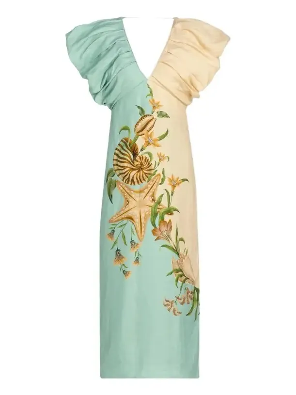 Women's Marine Garden Two-Tone Puff-Sleeve Midi Dress Women's Marine Garden Two-Tone Puff-Sleeve Midi Dress