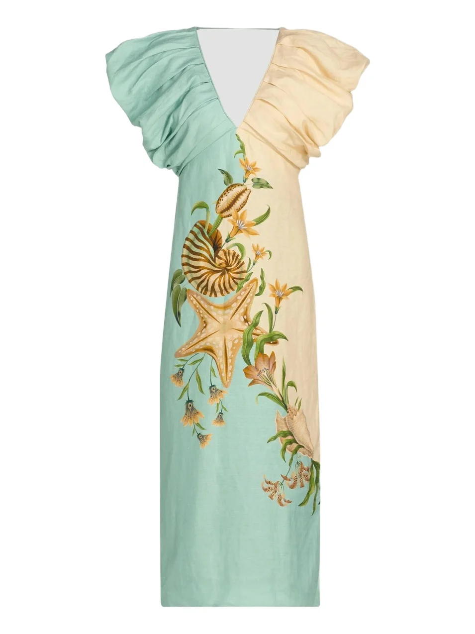 Women's Marine Garden Two-Tone Puff-Sleeve Midi Dress