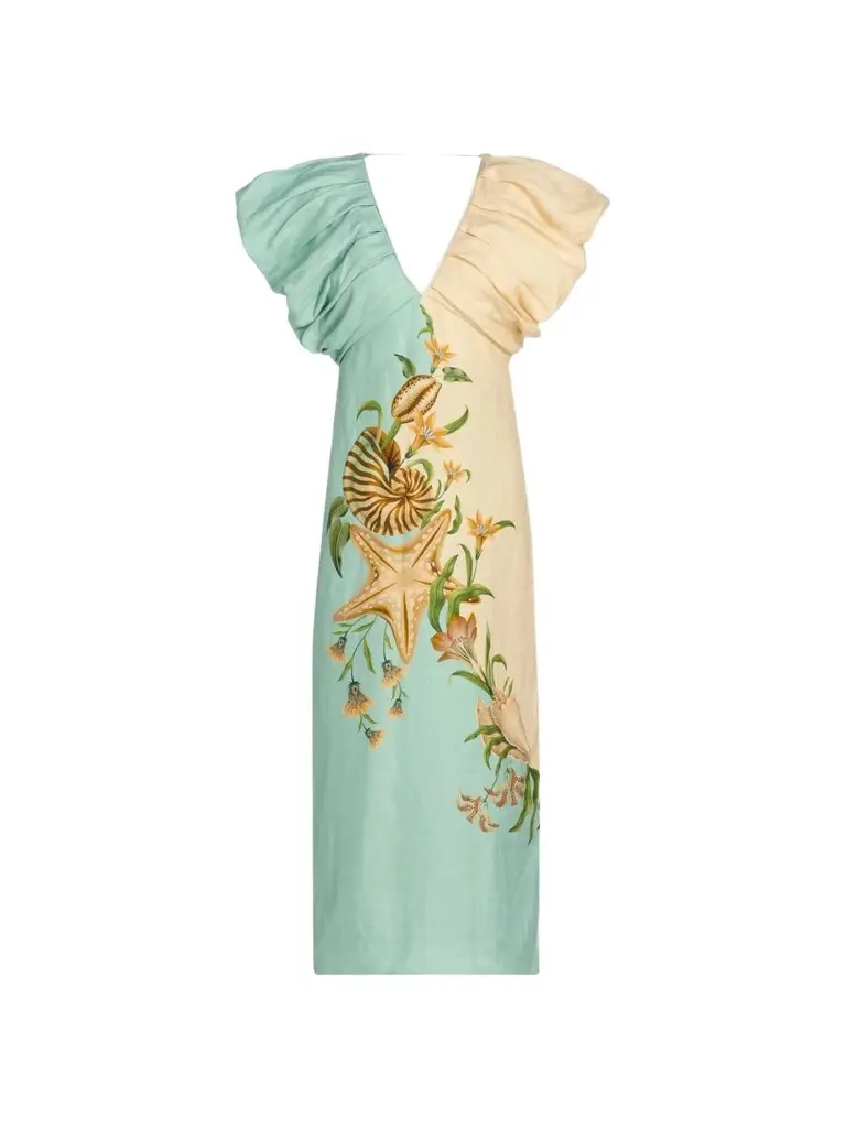Women's Marine Garden Two-Tone Puff-Sleeve Midi Dress