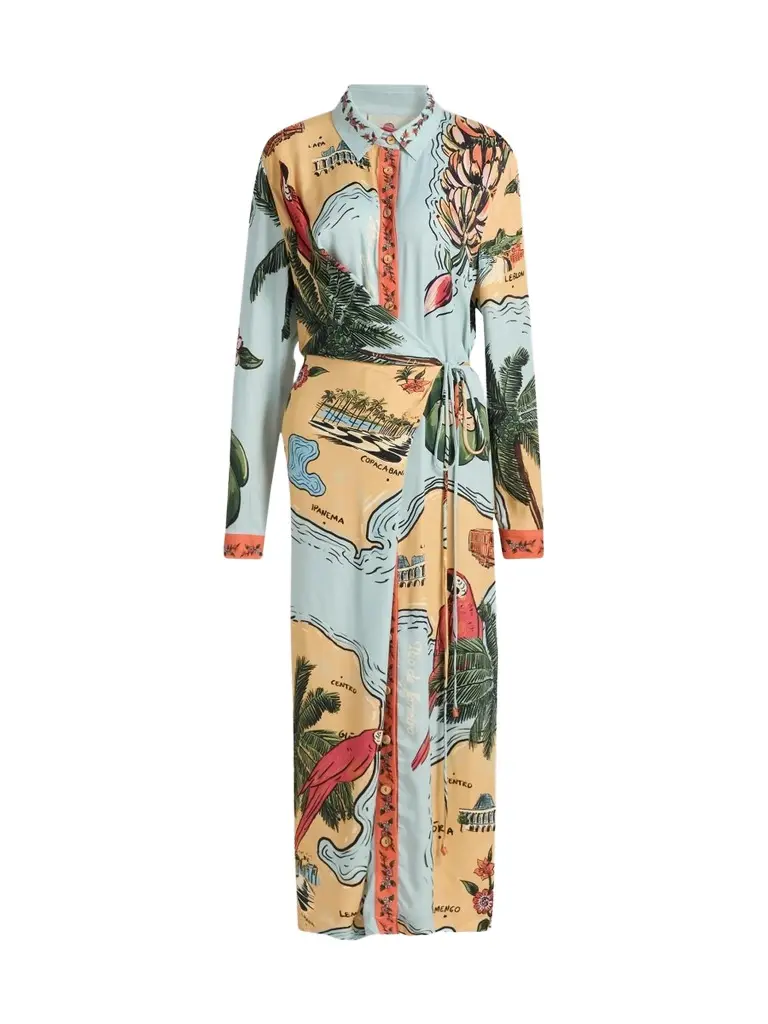 Farm Rio Women's Beaches Path Collared Button-Front Maxi Dress