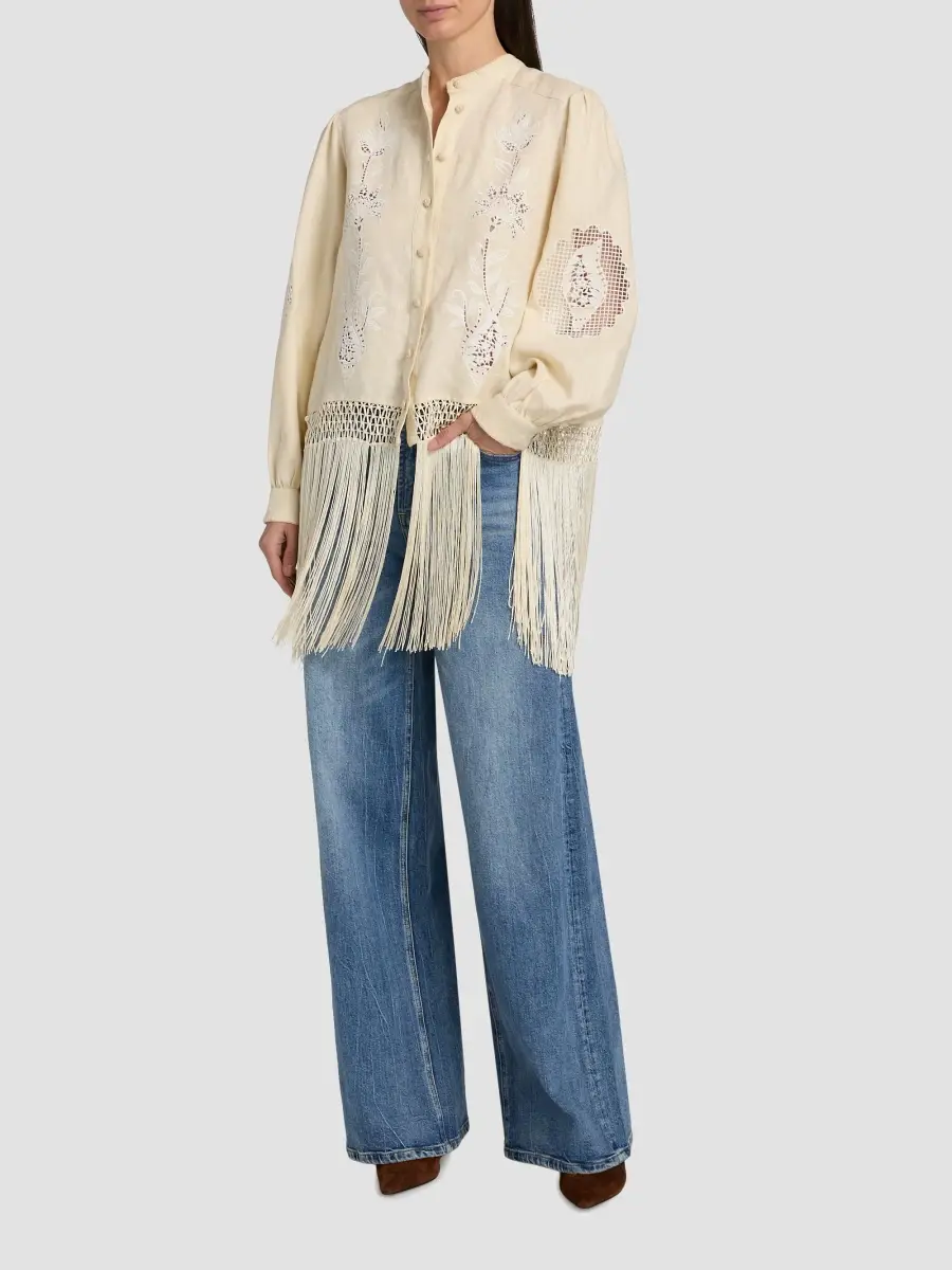 Farm Rio Women's Sand Richelieu Fringes Shirt | Thumbnail 2 Farm Rio Women's Sand Richelieu Fringes Shirt | Thumbnail 2