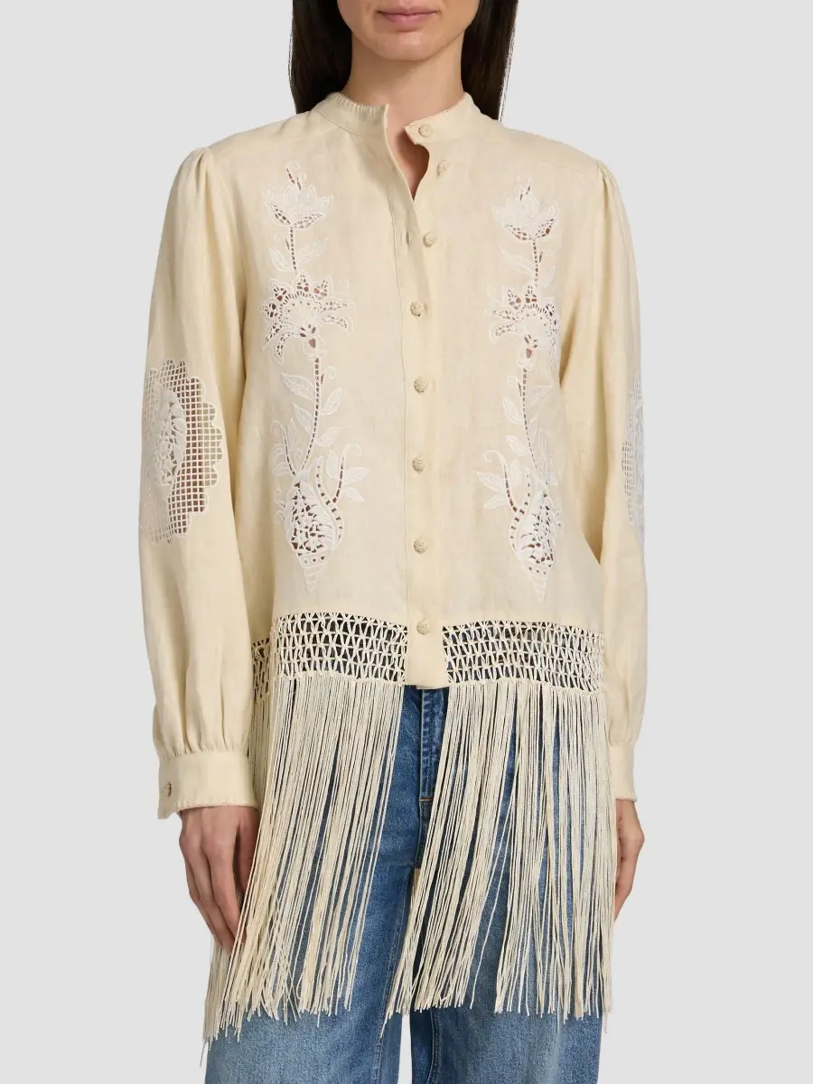 Farm Rio Women's Sand Richelieu Fringes Shirt | Thumbnail 3 Farm Rio Women's Sand Richelieu Fringes Shirt | Thumbnail 3