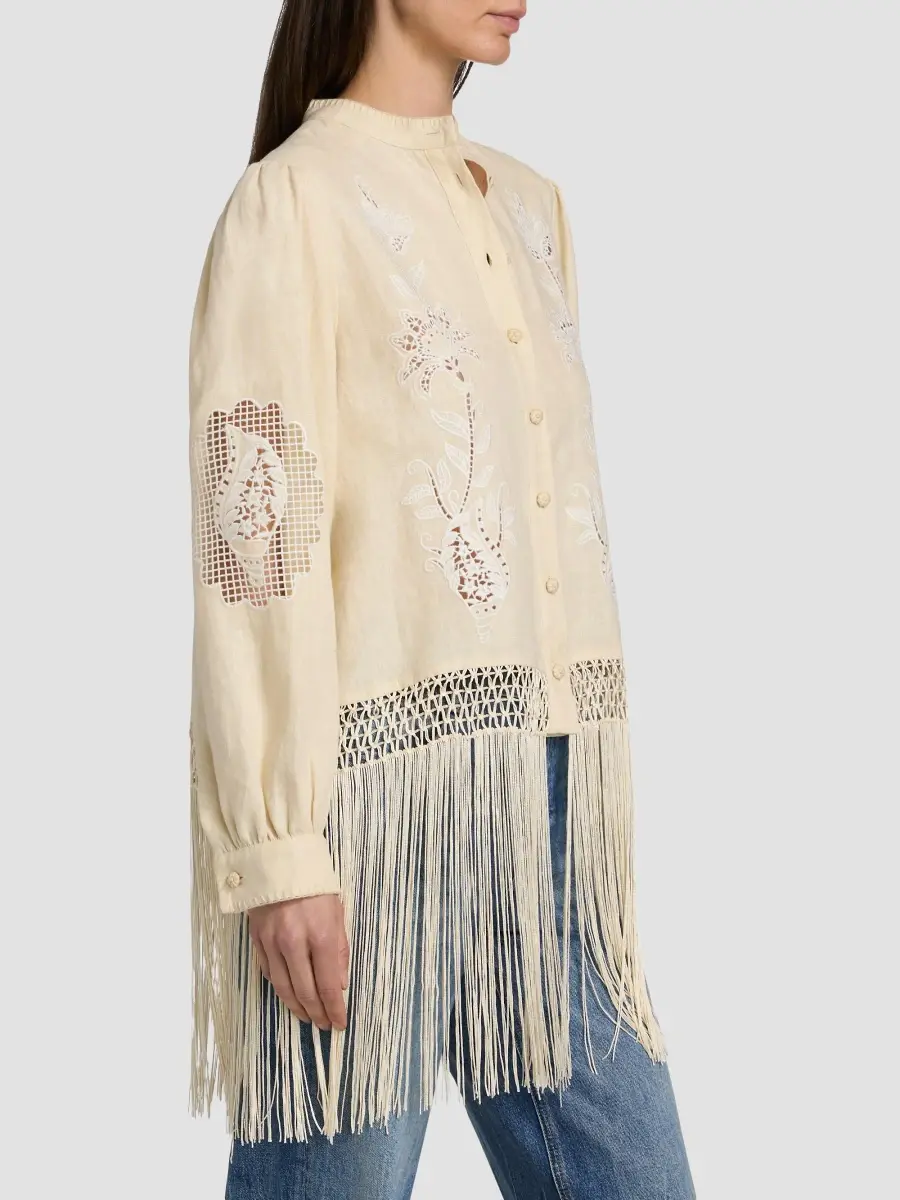 Farm Rio Women's Sand Richelieu Fringes Shirt | Thumbnail 4 Farm Rio Women's Sand Richelieu Fringes Shirt | Thumbnail 4