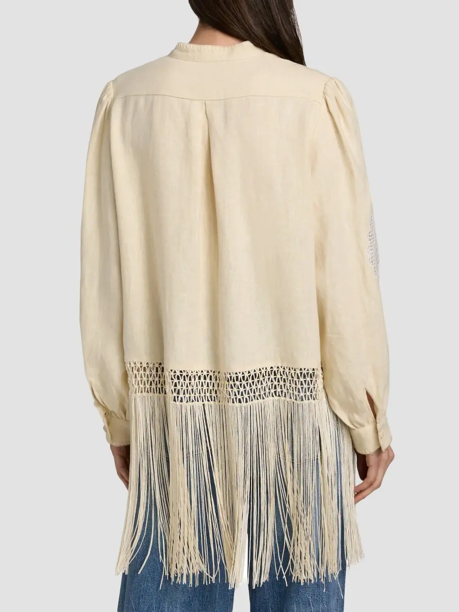 Farm Rio Women's Sand Richelieu Fringes Shirt | Thumbnail 5 Farm Rio Women's Sand Richelieu Fringes Shirt | Thumbnail 5