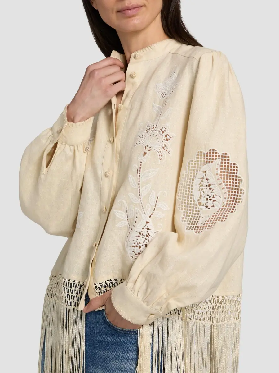 Farm Rio Women's Sand Richelieu Fringes Shirt | Thumbnail 6 Farm Rio Women's Sand Richelieu Fringes Shirt | Thumbnail 6