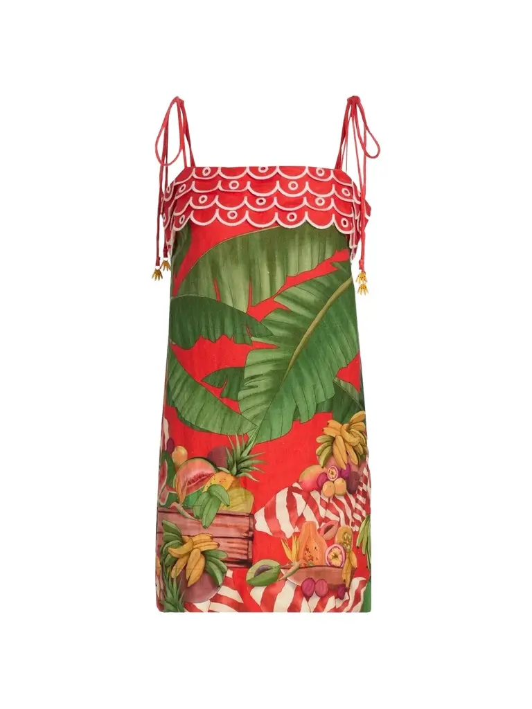 Farm Rio Women's Fruit Trolley Banana Tassels Mini Dress