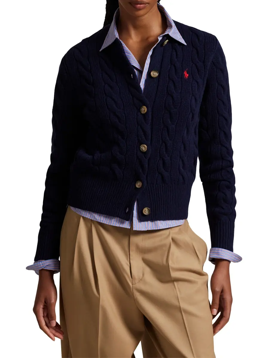 Polo Ralph Lauren Women's Logo-Embroidered Wool-Blend Cable-Knit Cardigan | Thumbnail 3 Polo Ralph Lauren Women's Logo-Embroidered Wool-Blend Cable-Knit Cardigan | Thumbnail 3