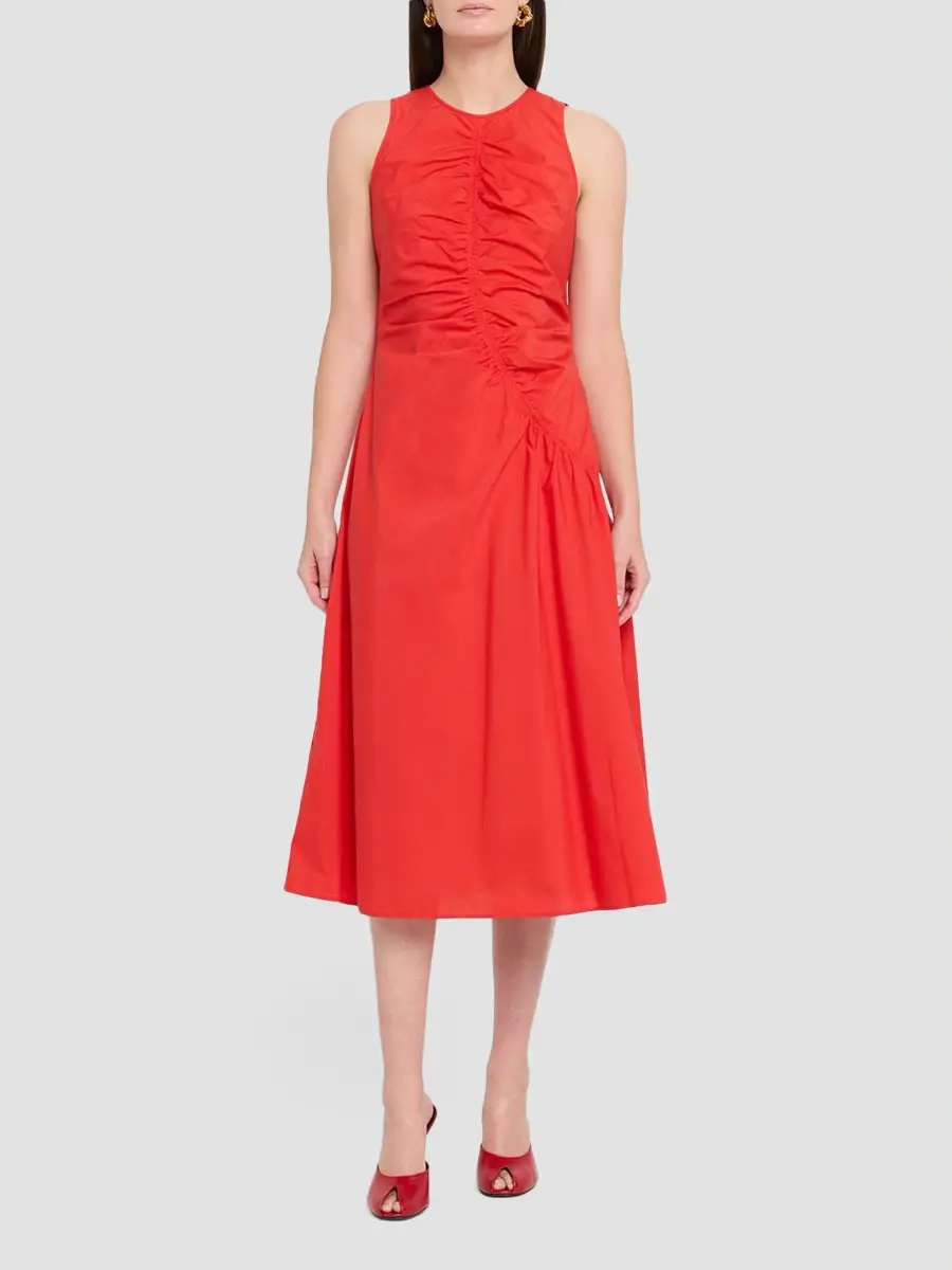 Theory Women's Asymmetrical Ruched Soft Lawn Midi-Dress | Thumbnail 2 Theory Women's Asymmetrical Ruched Soft Lawn Midi-Dress | Thumbnail 2