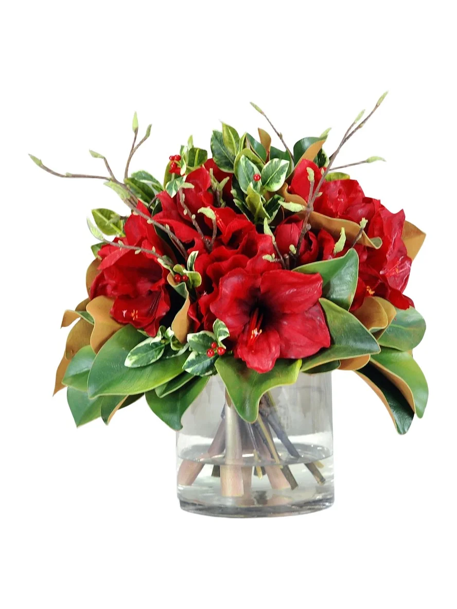 Winward Home Permanent Botanicals Amaryllis & Magnolia Leaf In Glass Vase - Red