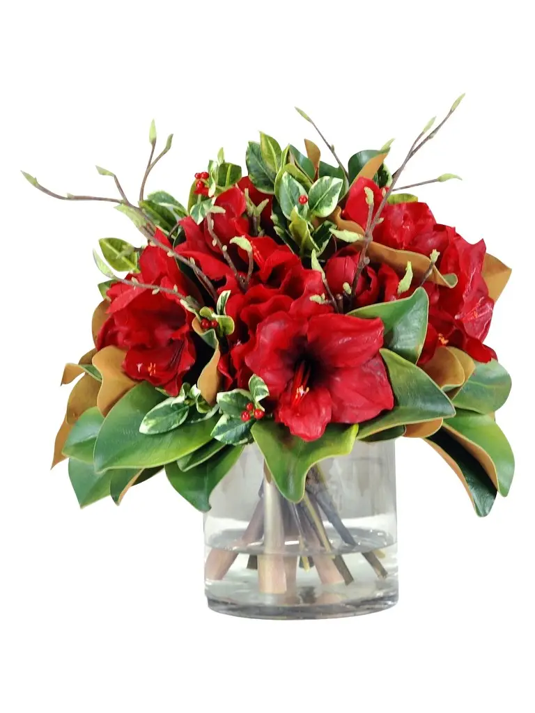 Permanent Botanicals Amaryllis & Magnolia Leaf In Glass Vase - Red