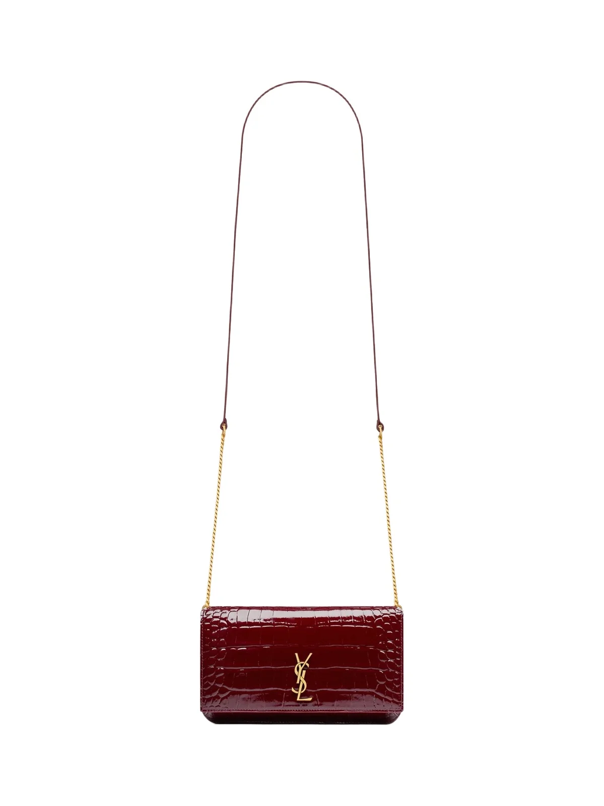 Saint Laurent Women's Cassandre Phone Holder in Crocodile-Embossed Patent Leather