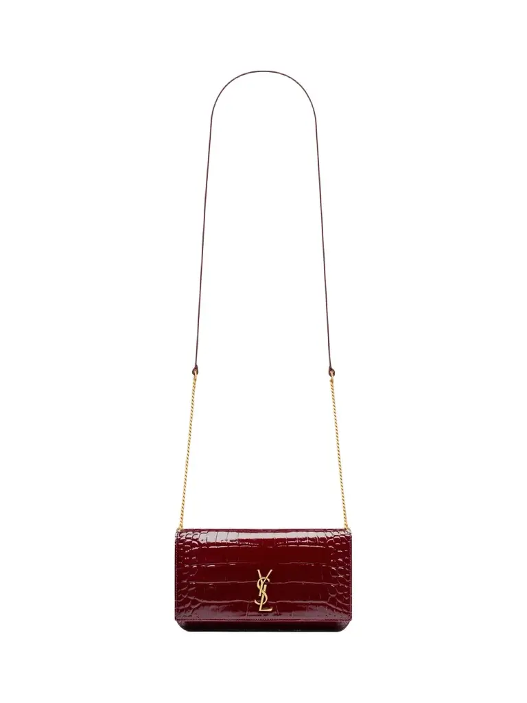 Saint Laurent Women's Cassandre Phone Holder in Crocodile-Embossed Patent Leather