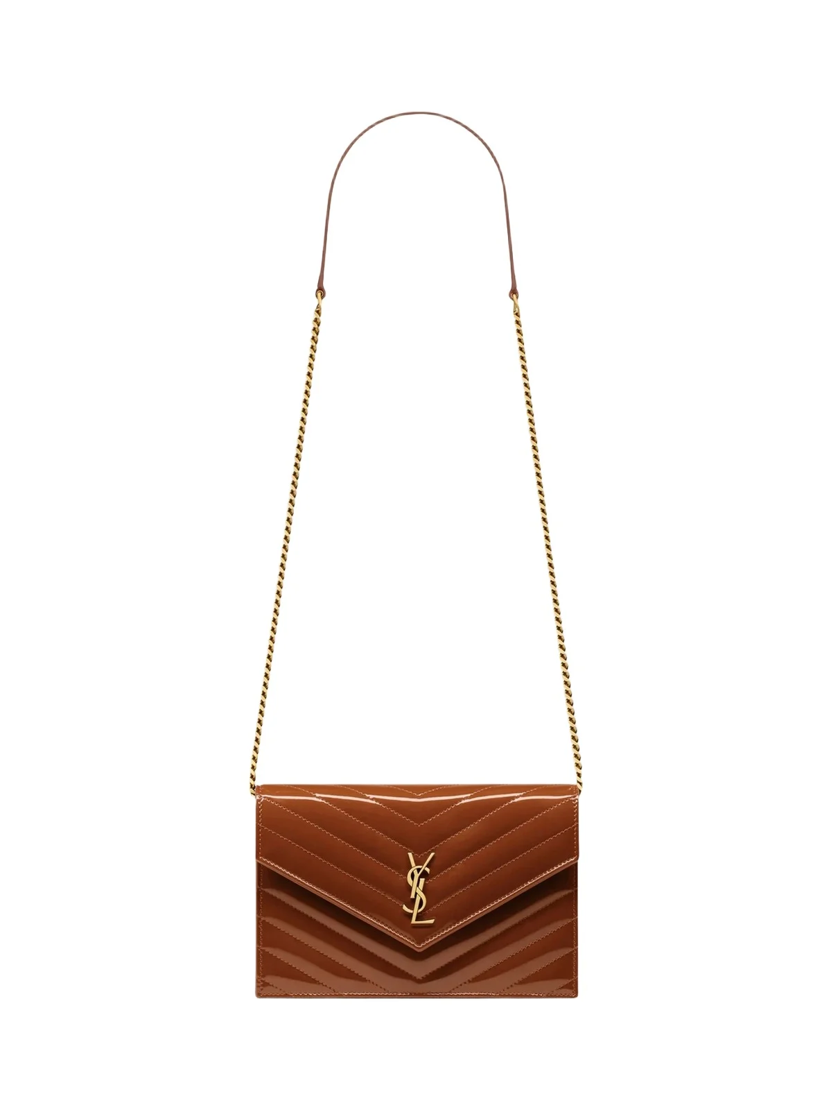 Saint Laurent Women's Cassandre Envelope Chain Wallet in Patent Leather - Glazed Brown