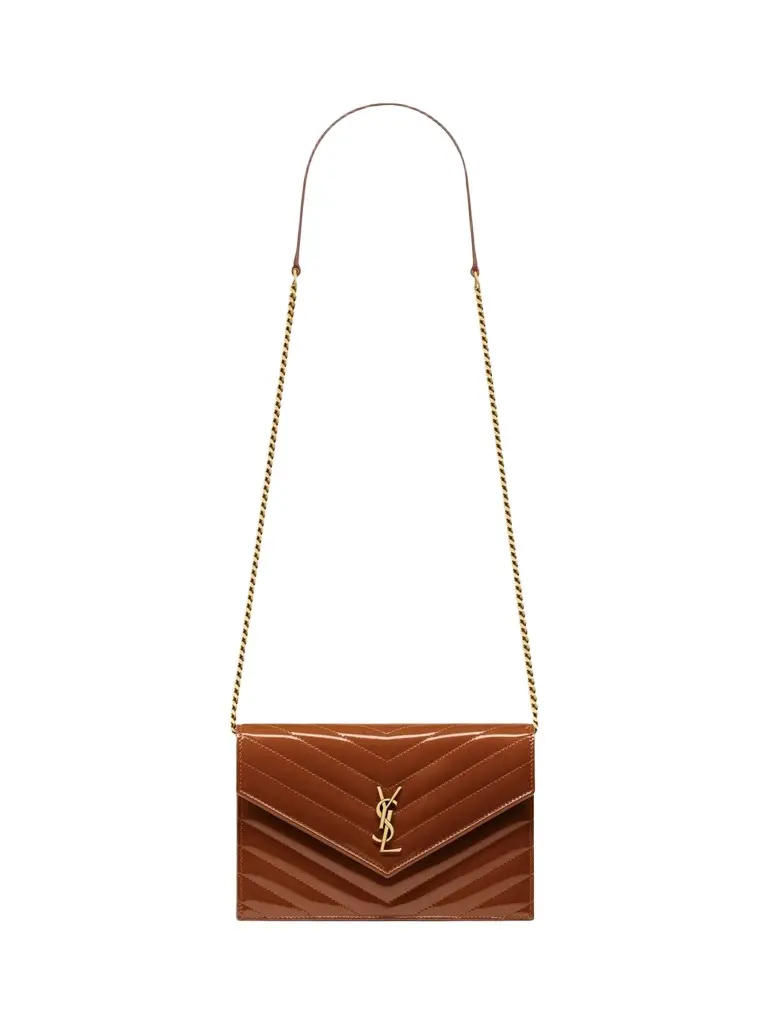 Women's Cassandre Envelope Chain Wallet in Patent Leather - Glazed Brown