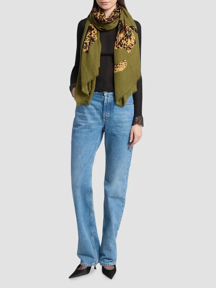 Saint Laurent Women's Leopard Stole in Wool Twill - Khaki Gold | Thumbnail 2 Saint Laurent Women's Leopard Stole in Wool Twill - Khaki Gold | Thumbnail 2