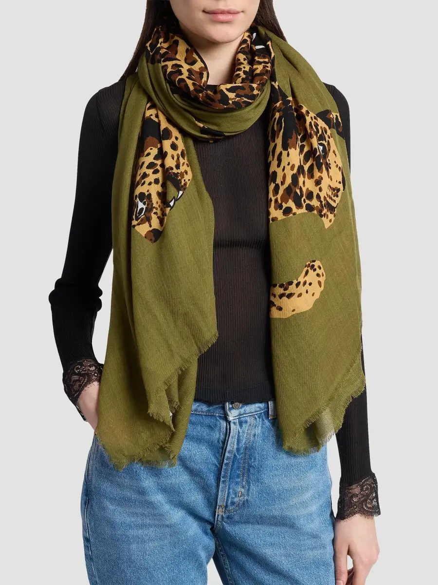 Saint Laurent Women's Leopard Stole in Wool Twill - Khaki Gold | Thumbnail 3 Saint Laurent Women's Leopard Stole in Wool Twill - Khaki Gold | Thumbnail 3
