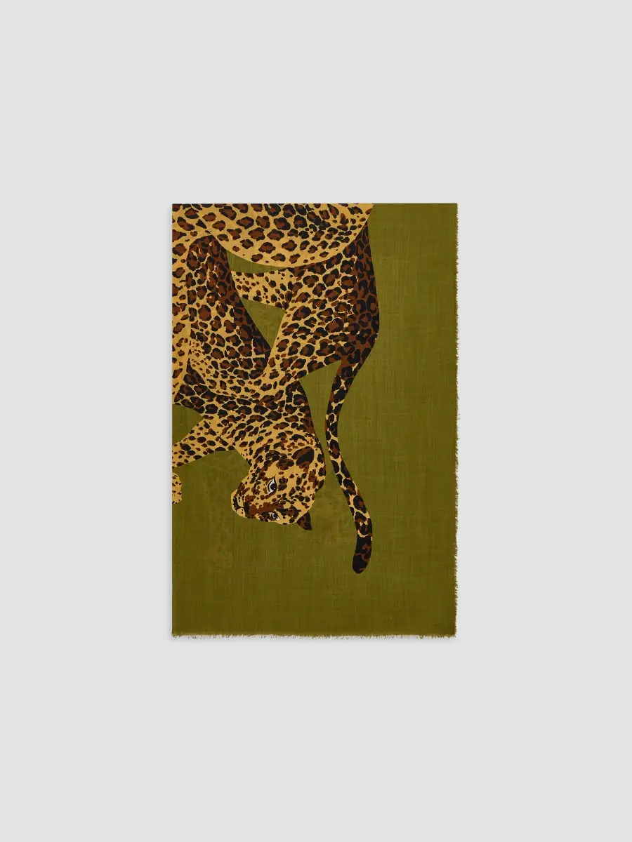 Saint Laurent Women's Leopard Stole in Wool Twill - Khaki Gold | Thumbnail 4 Saint Laurent Women's Leopard Stole in Wool Twill - Khaki Gold | Thumbnail 4